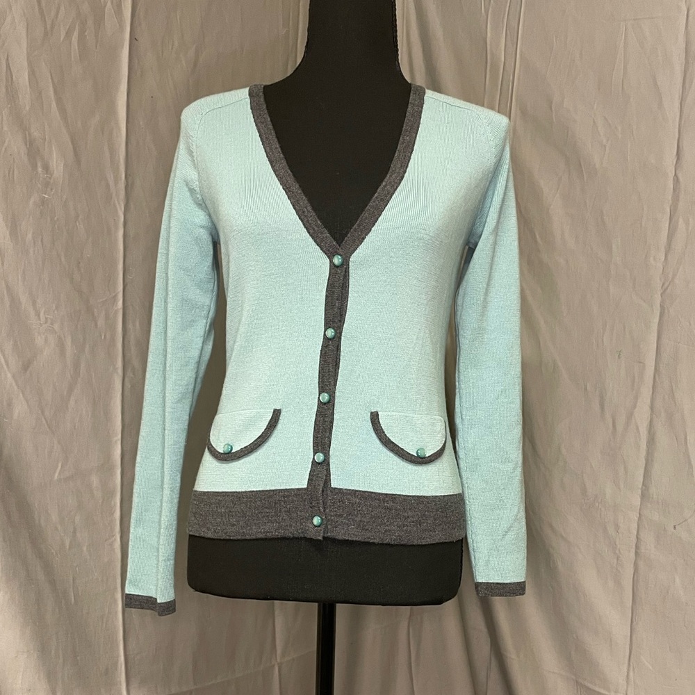 LOFT Merino Wool, Cashmere, and Acrylic Blend Light Aqua Cardigan with Gray Trim